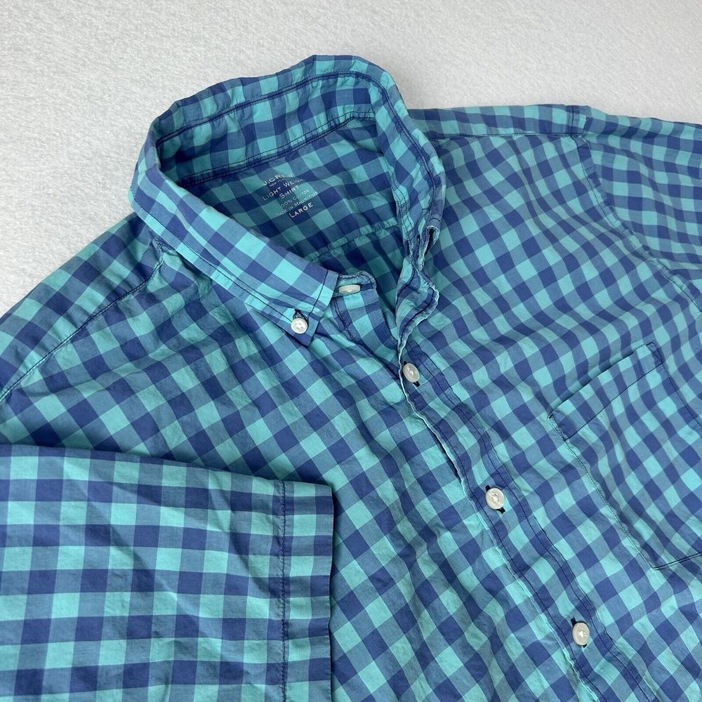 J Crew Shirt Men's Large Blue Light Weight Window Pane‎ Plaid Cotton Button Down